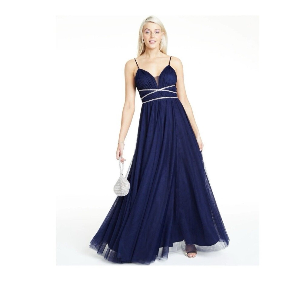 Say Yes to the Prom Juniors' Rhinestone-Trim Gown Size 15 Navy